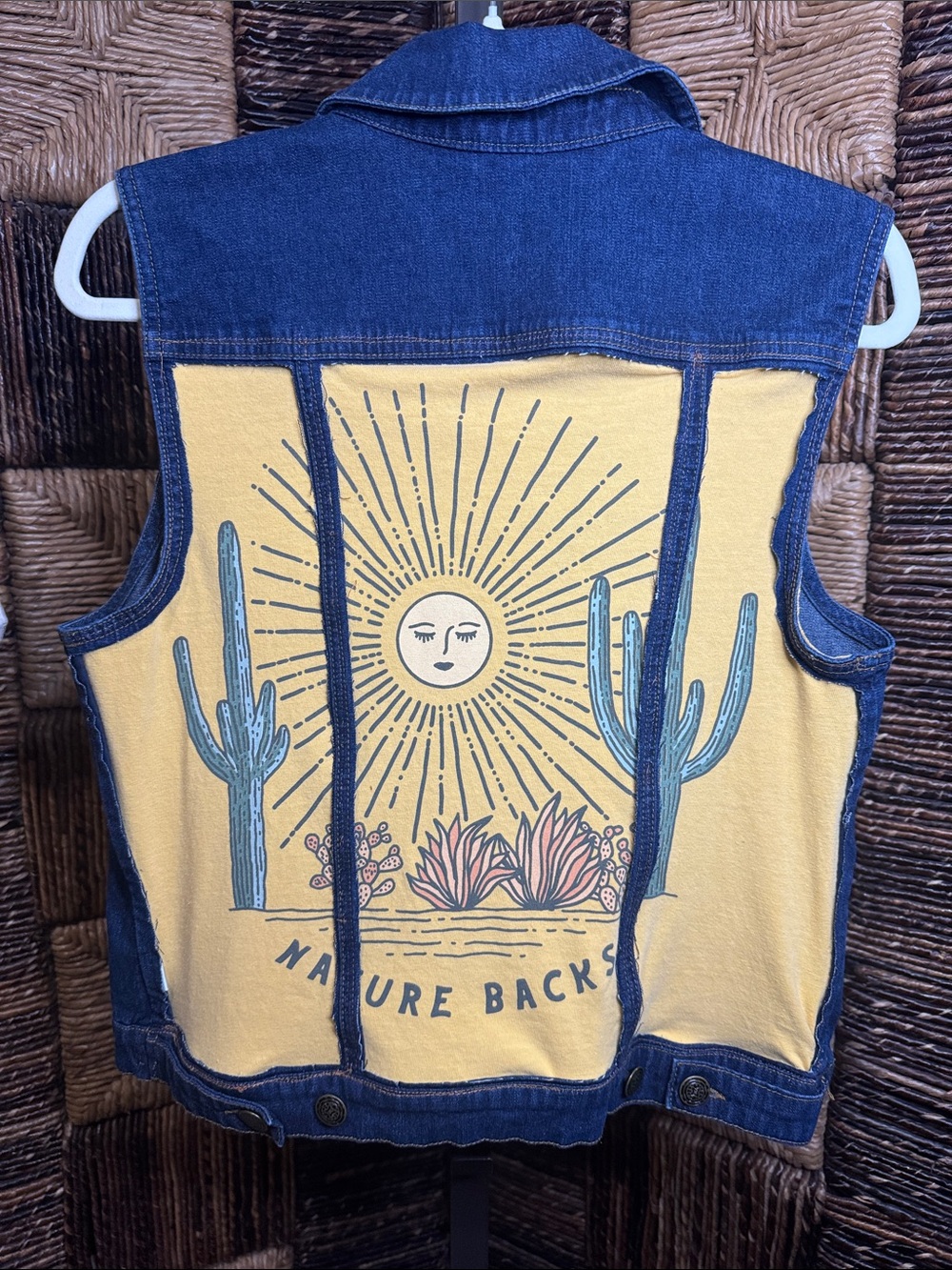 Upcycled Denim-Trim Yellow Graphic Vest with Desert Sun Print